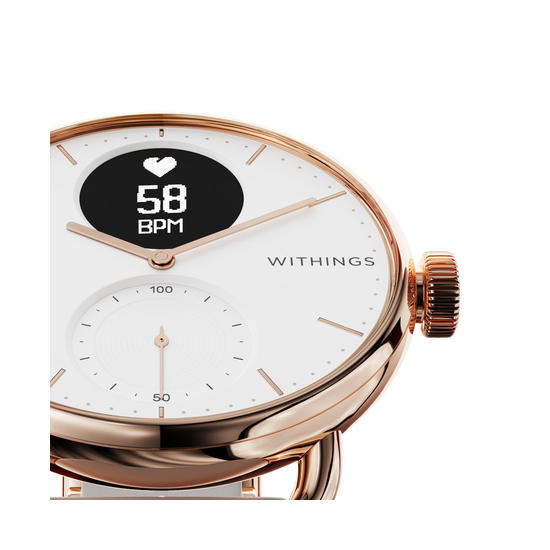 Withings Scanwatch Reloj inteligente híbrido ECG SpO2 38mm blanco & rosa oro + correa Milanese rosa oro