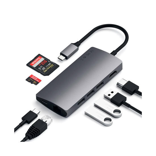 Satechi Adaptador Multipuerto Type-C HDMI 4K 3 puertos USB Ethernet V2 lector de SD y micro SD Gris Espacial