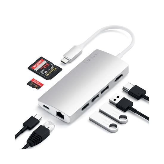 Satechi Adaptador Multipuerto Type-C HDMI 4K 3 puertos USB Ethernet V2 lector de SD y micro SD Plata